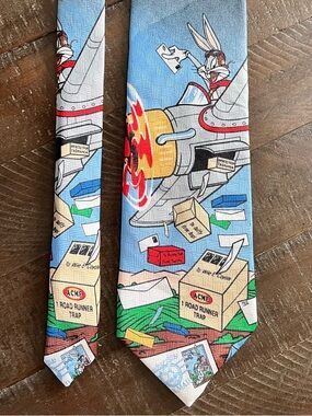 Novelty Looney Tunes Airplane Mail & ACME Boxes Tie - Sky Blue